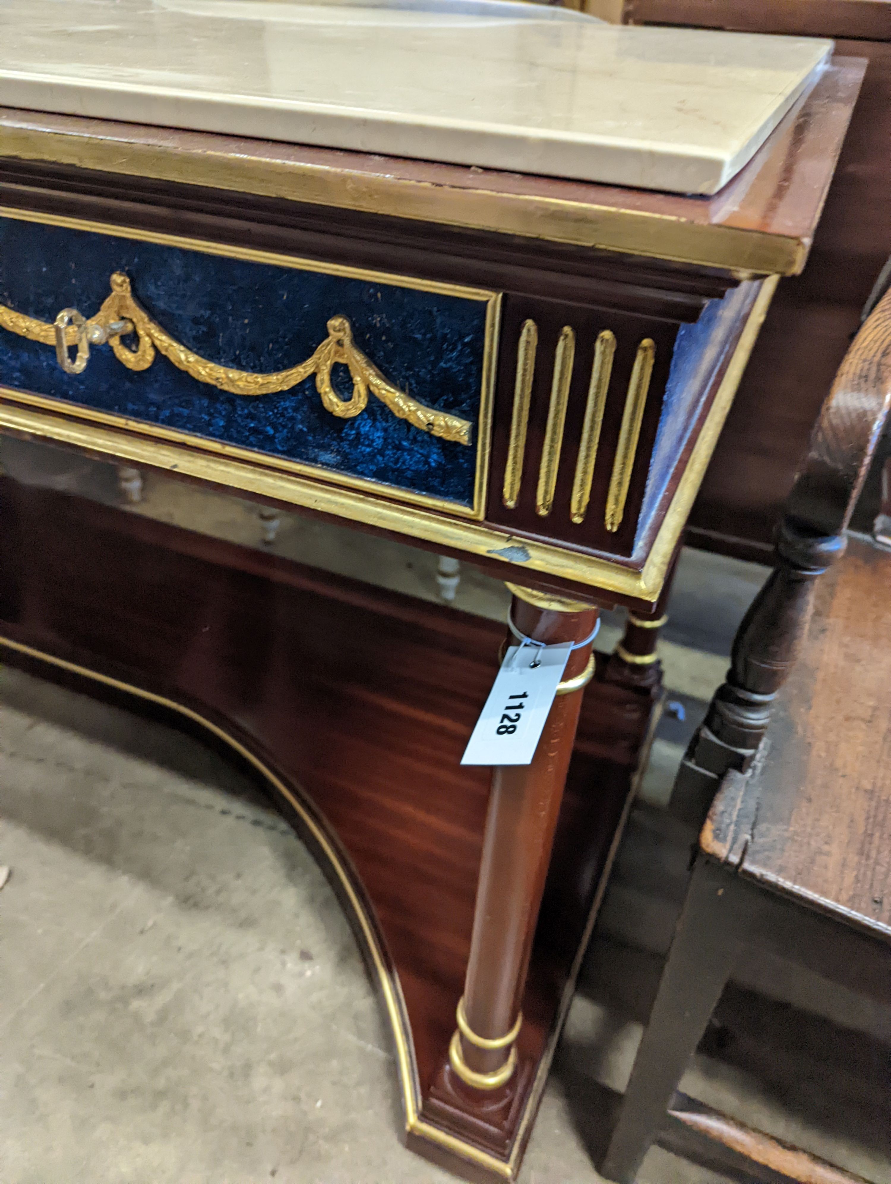 An Empire style parcel gilt and faux malachite marble top console table with concave undertier, width 154cm, depth 65cm, height 80cm